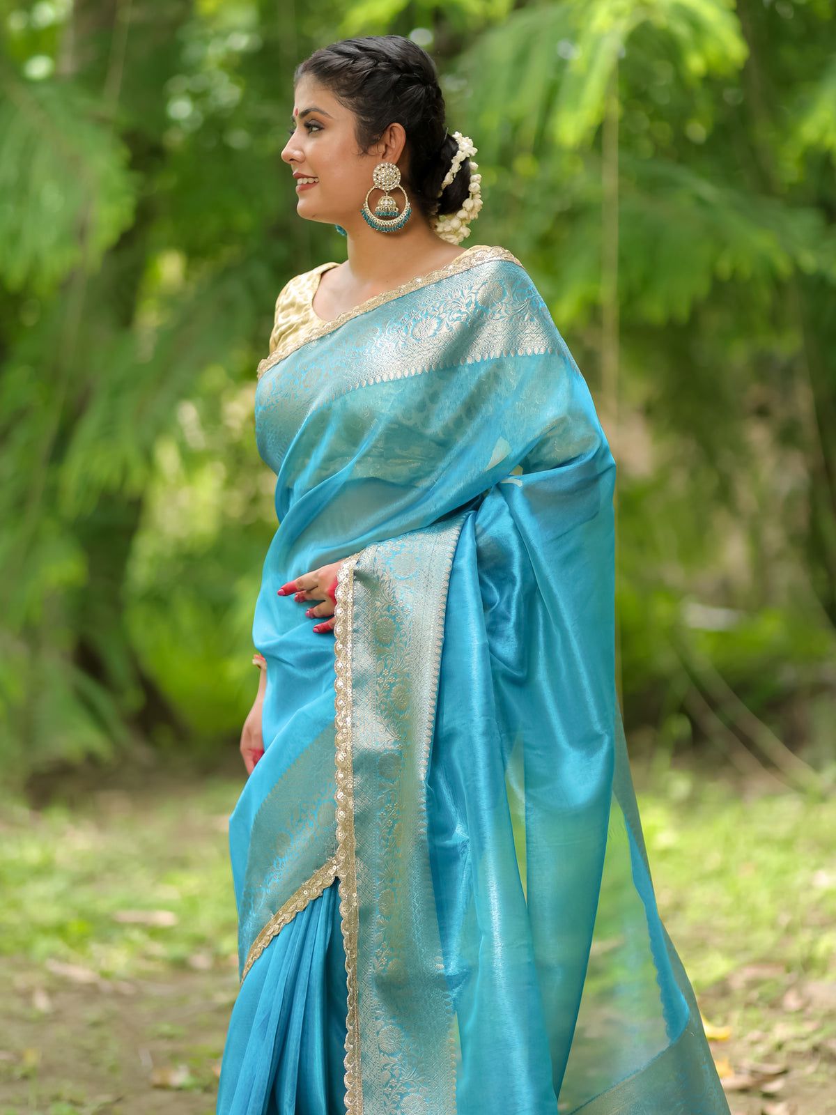 Blue Banarasi Tissue Soft Silk Saree With Lace Work Alna Apparels