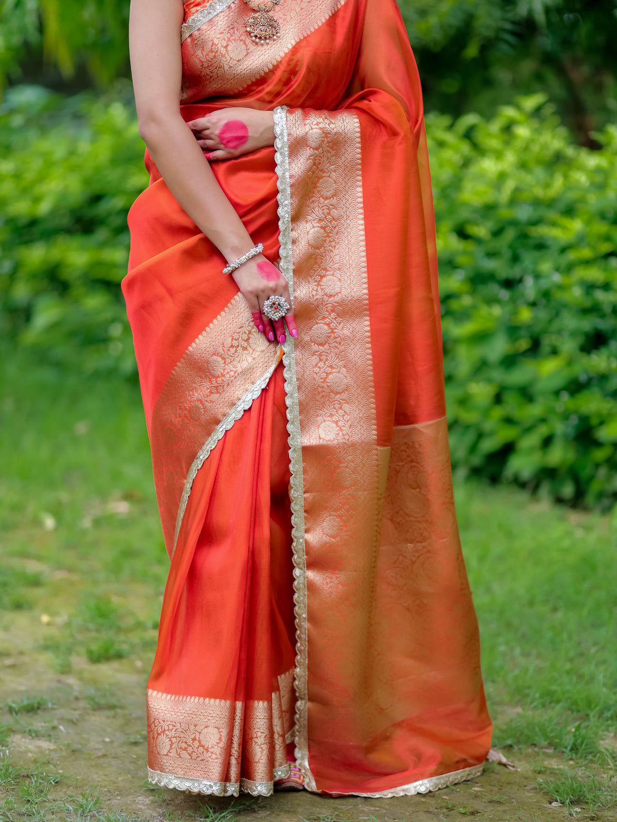 Orange Banarasi Tissue Soft Silk Saree With Lace Work Alna Apparels