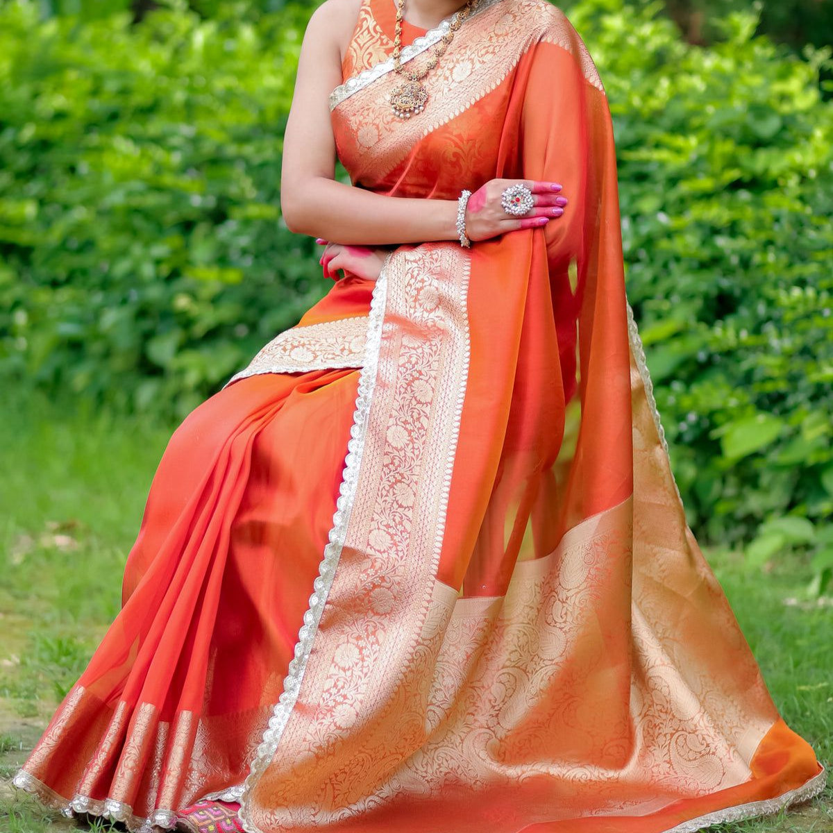Orange Banarasi Tissue Soft Silk Saree With Lace Work Alna Apparels