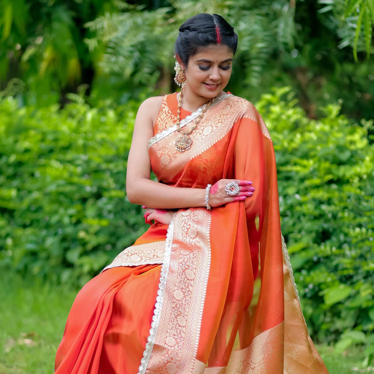 Orange Banarasi Tissue Soft Silk Saree With Lace Work Alna Apparels