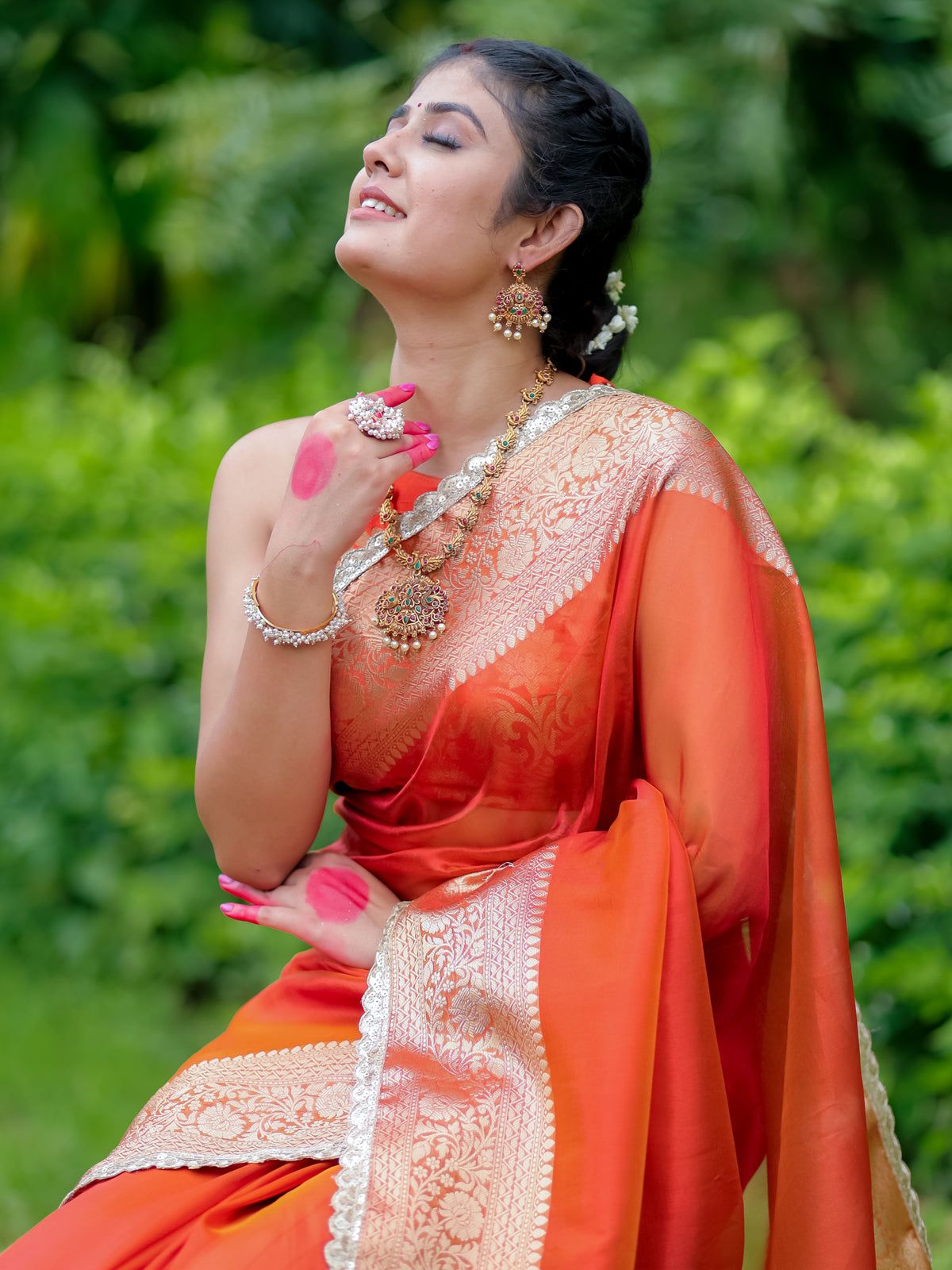 Orange Banarasi Tissue Soft Silk Saree With Lace Work Alna Apparels