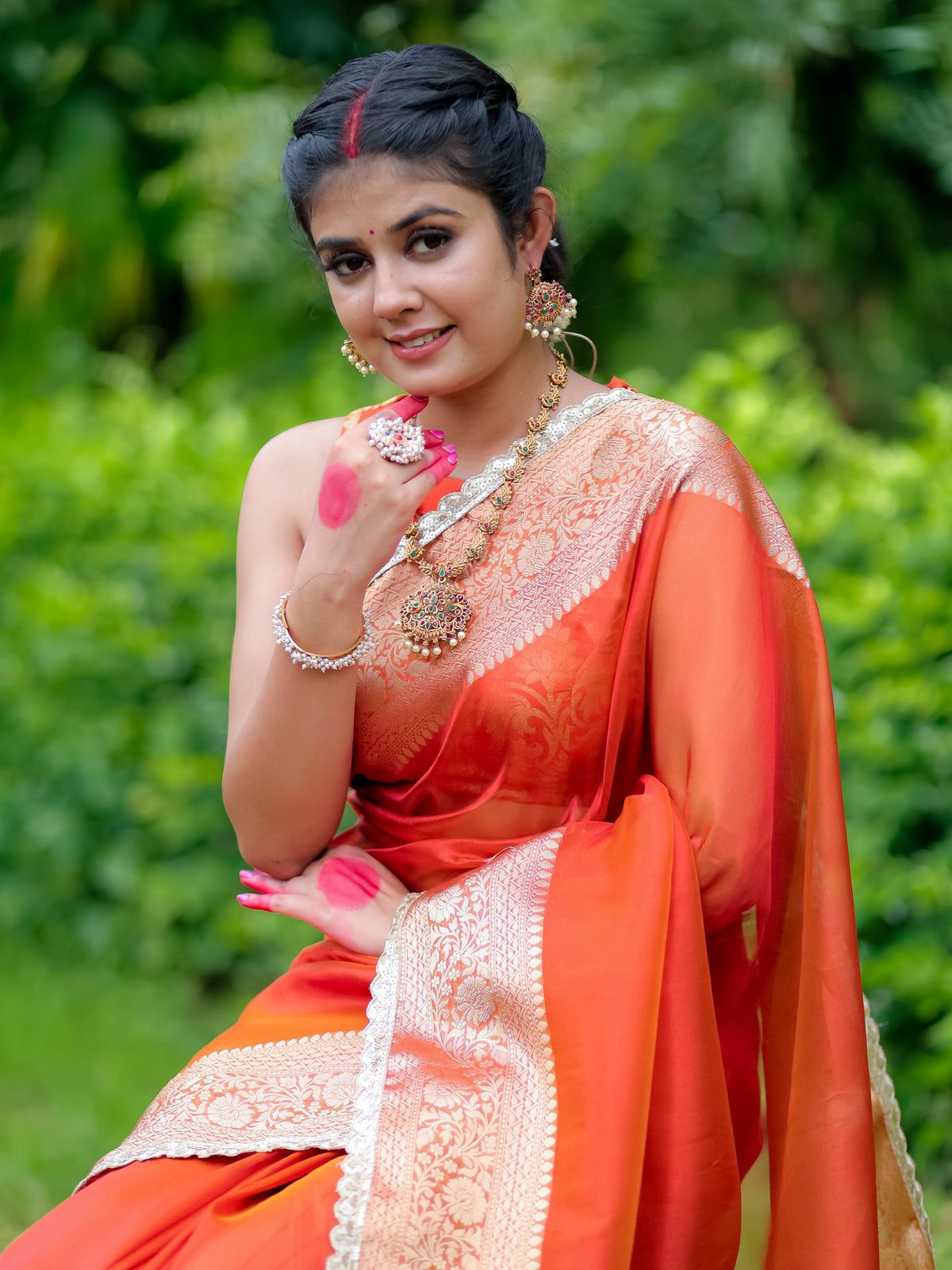 Orange Banarasi Tissue Soft Silk Saree With Lace Work Alna Apparels