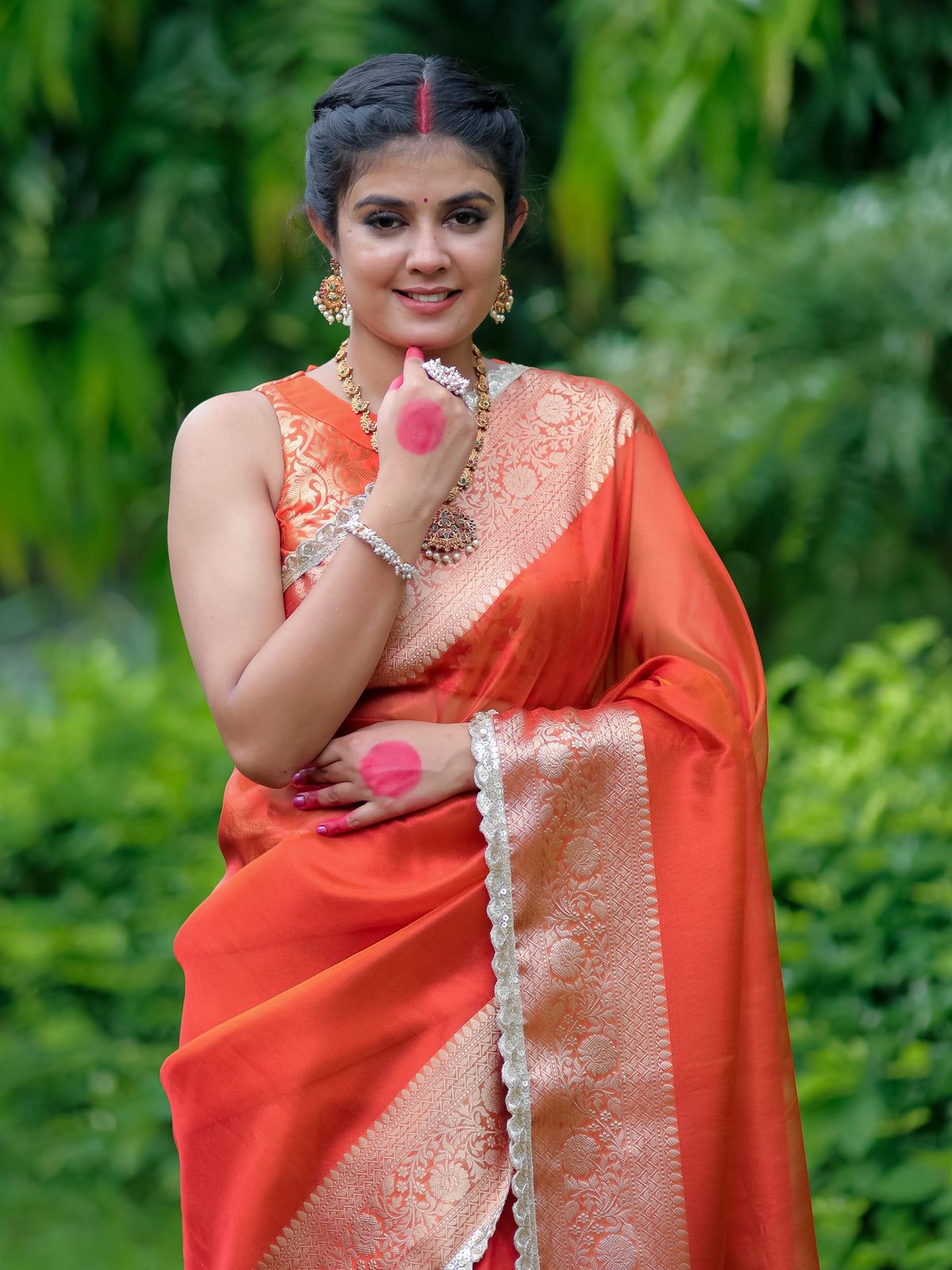 Orange Banarasi Tissue Soft Silk Saree With Lace Work Alna Apparels