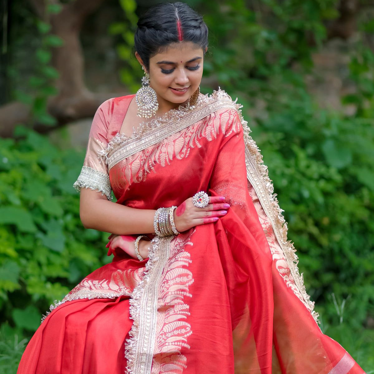 Red Banarasi Tissue Silk Saree With Lace Work Alna Apparels