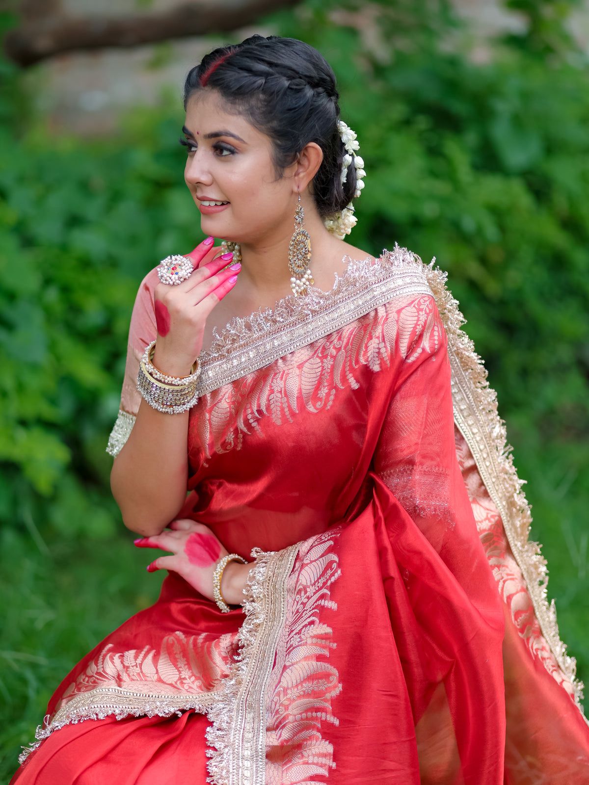 Red Banarasi Tissue Silk Saree With Lace Work Alna Apparels