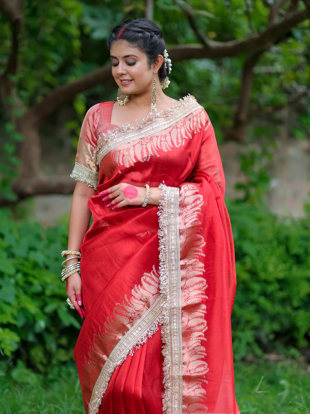 Red Banarasi Tissue Silk Saree With Lace Work Alna Apparels