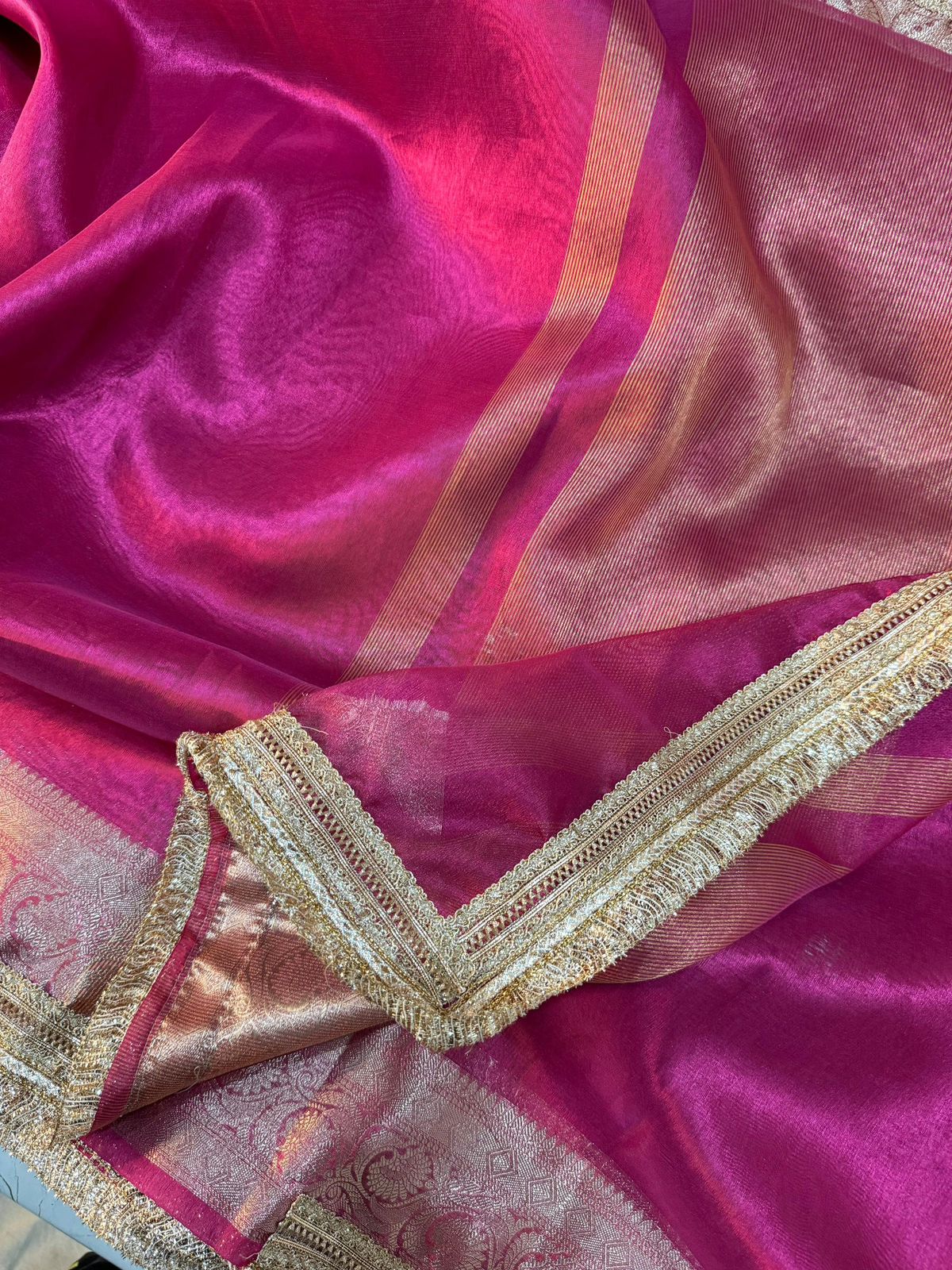 Pink Banarasi Tissue Soft Silk saree With Lace Work Alna Apparels
