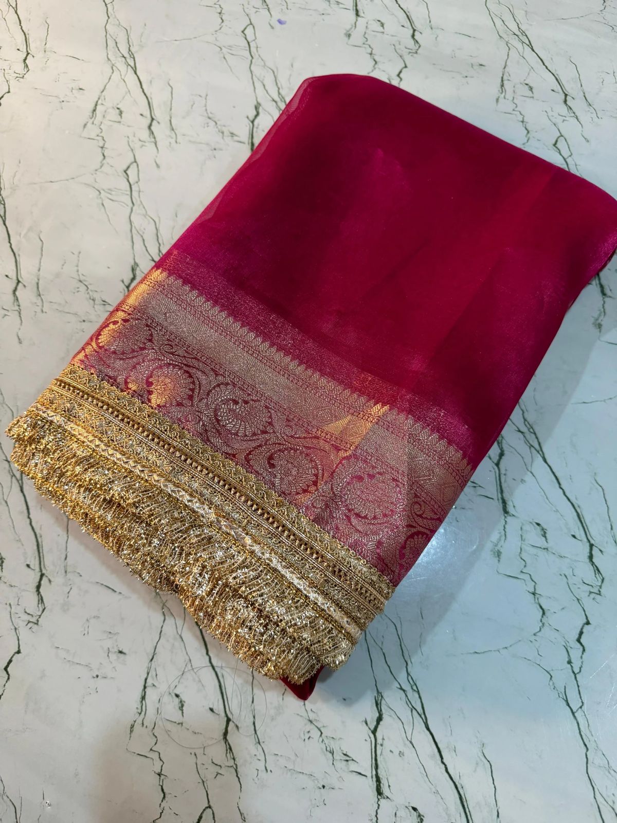 Pink Banarasi Tissue Soft Silk saree With Lace Work Alna Apparels