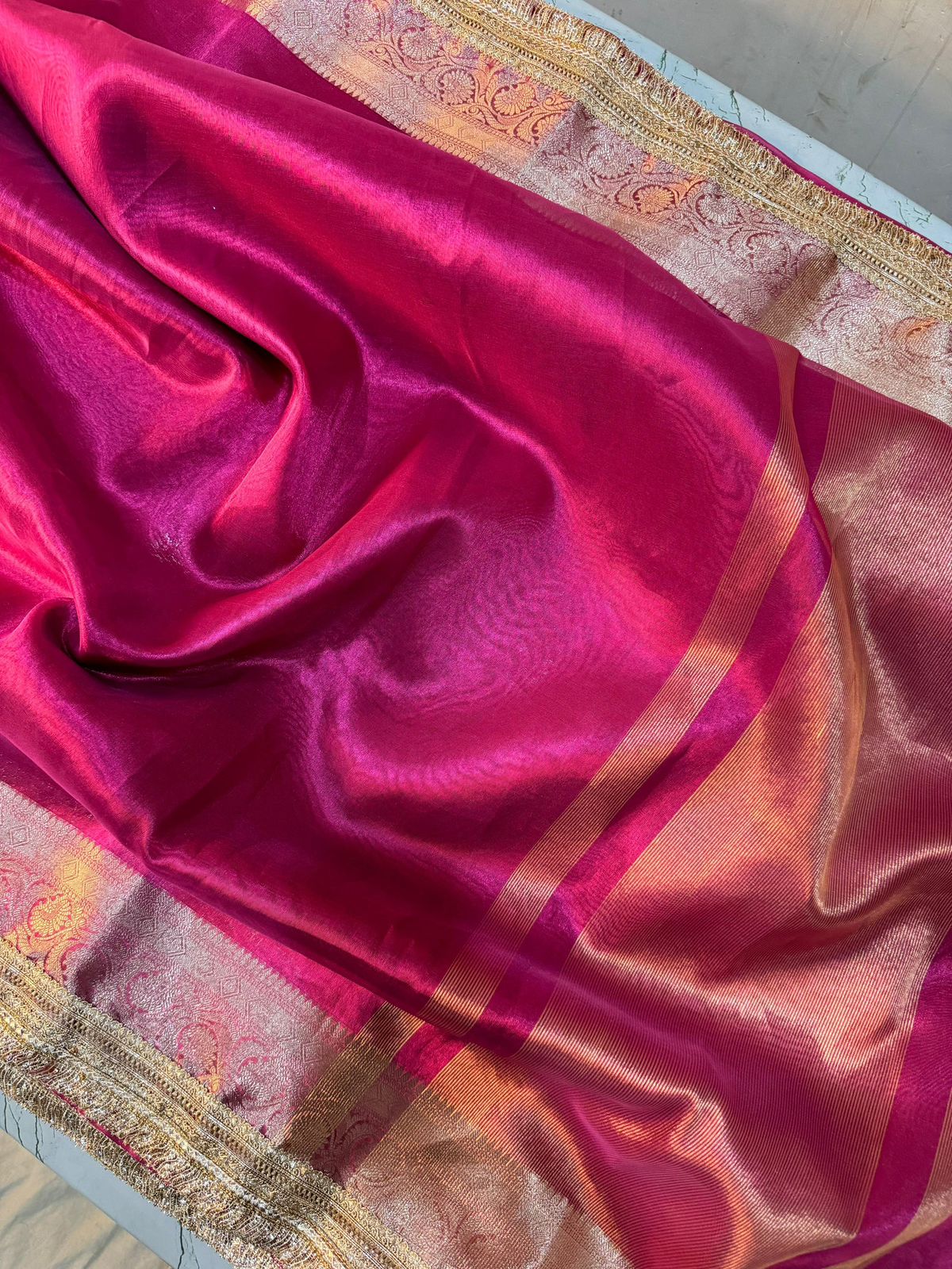 Pink Banarasi Tissue Soft Silk saree With Lace Work Alna Apparels