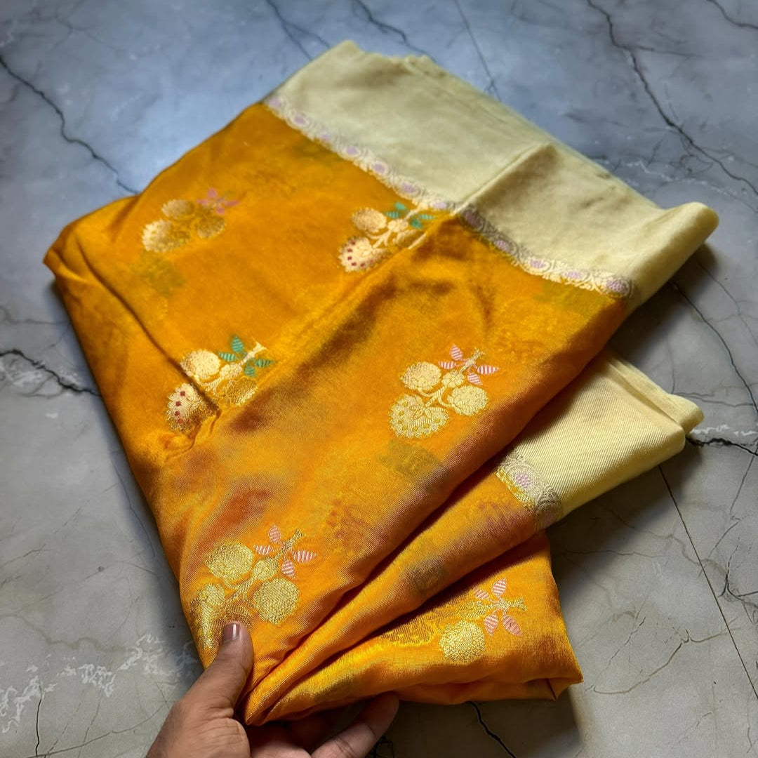 Yellow Color Banarasi Kathan Soft Silk Saree Alna Apparels