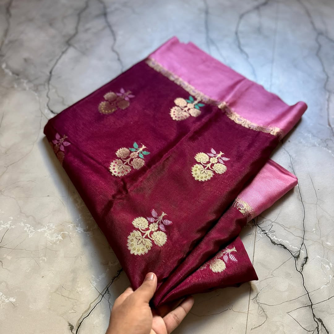 Maroon Color Banarasi Kathan Soft Silk Saree Alna Apparels