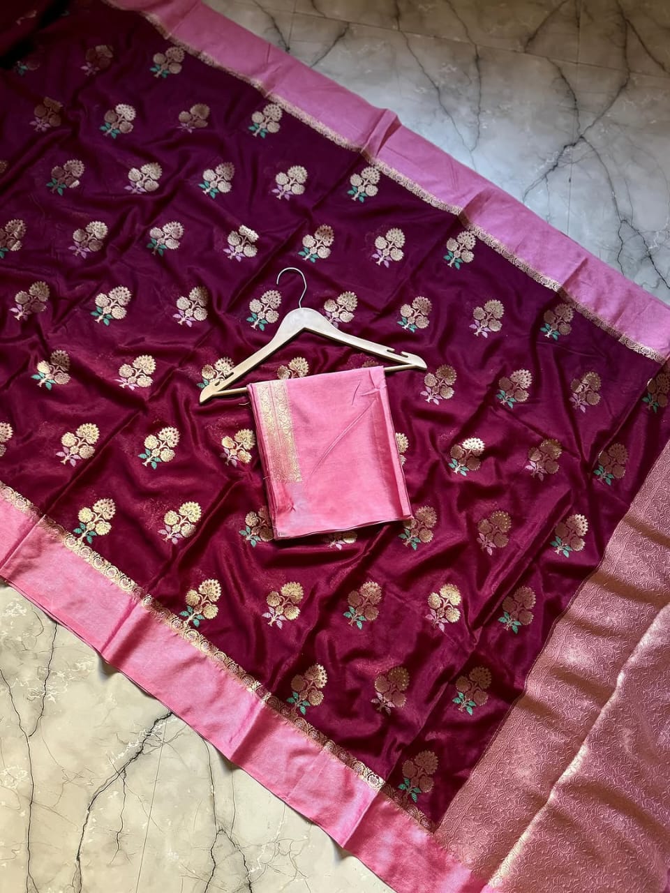 Maroon Color Banarasi Kathan Soft Silk Saree Alna Apparels