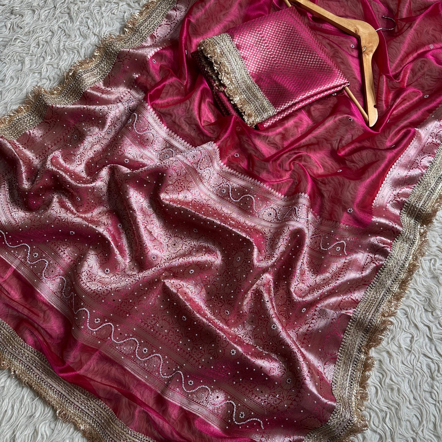 Pink Banarasi Tissue Silk Saree Classy Stone Work With Lace Alna Apparels