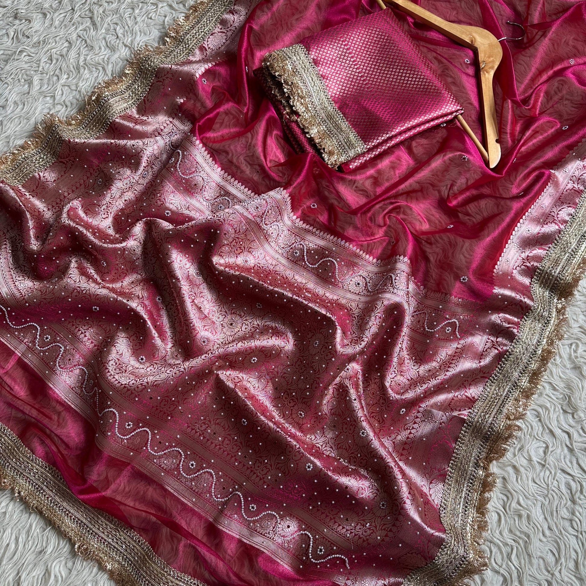 Pink Banarasi Tissue Silk Saree Classy Stone Work With Lace Alna Apparels