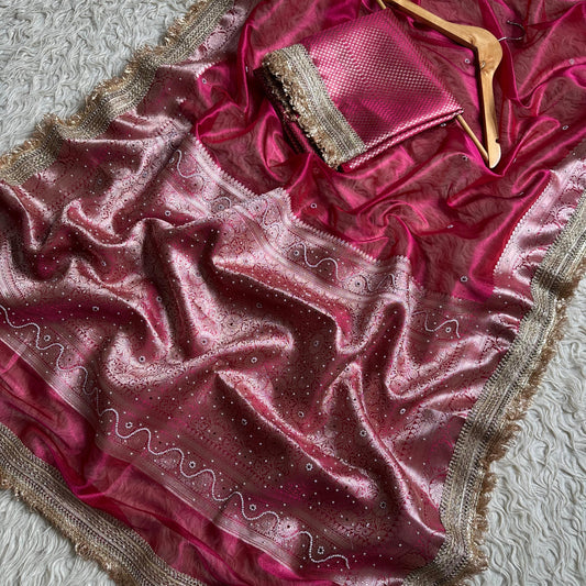 Pink Banarasi Tissue Silk Saree Classy Stone Work With Lace Alna Apparels