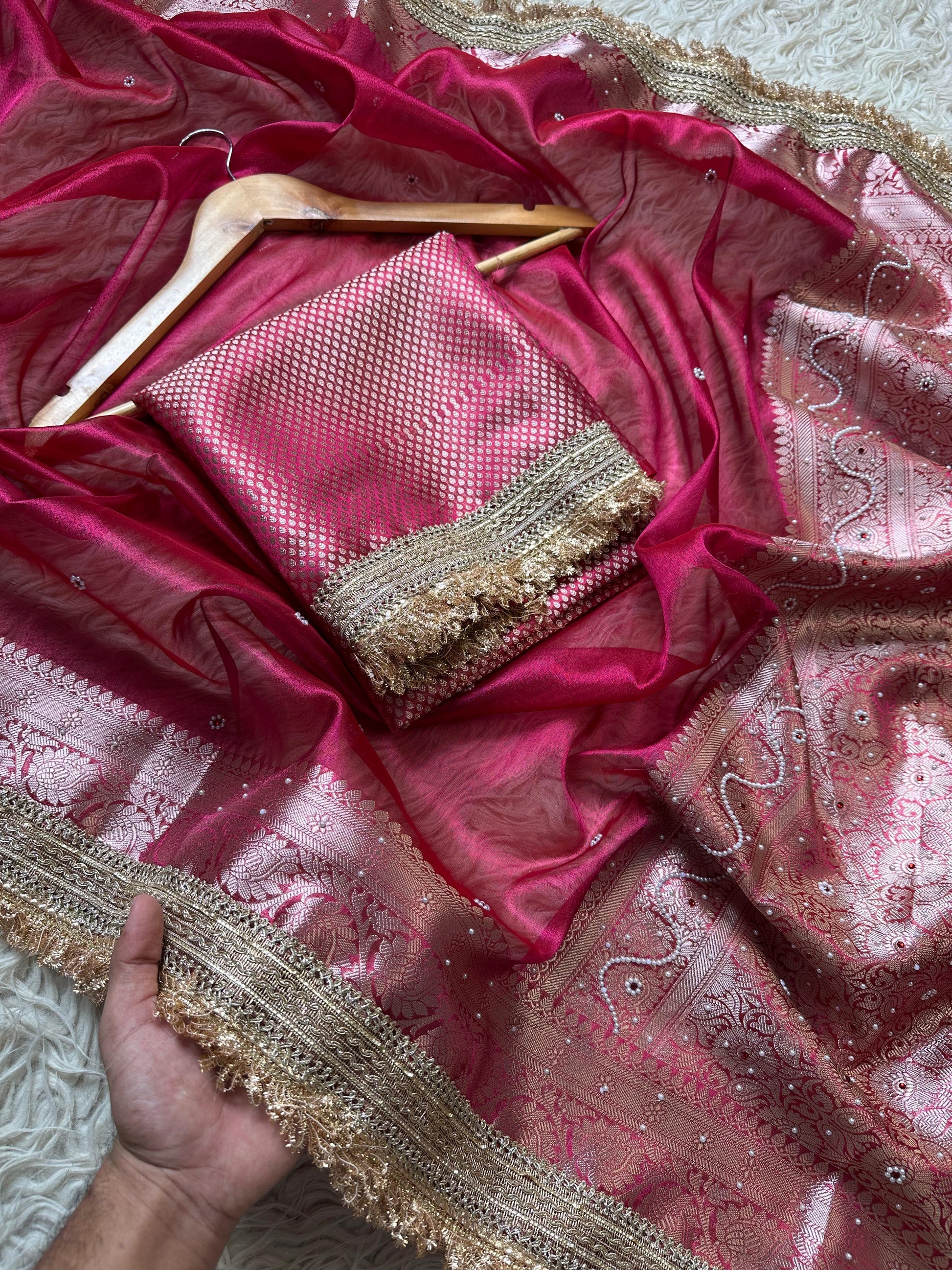 Pink Banarasi Tissue Silk Saree Classy Stone Work With Lace Alna Apparels