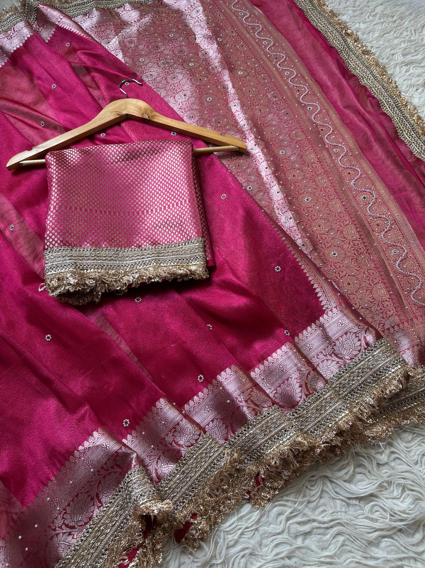 Pink Banarasi Tissue Silk Saree Classy Stone Work With Lace Alna Apparels
