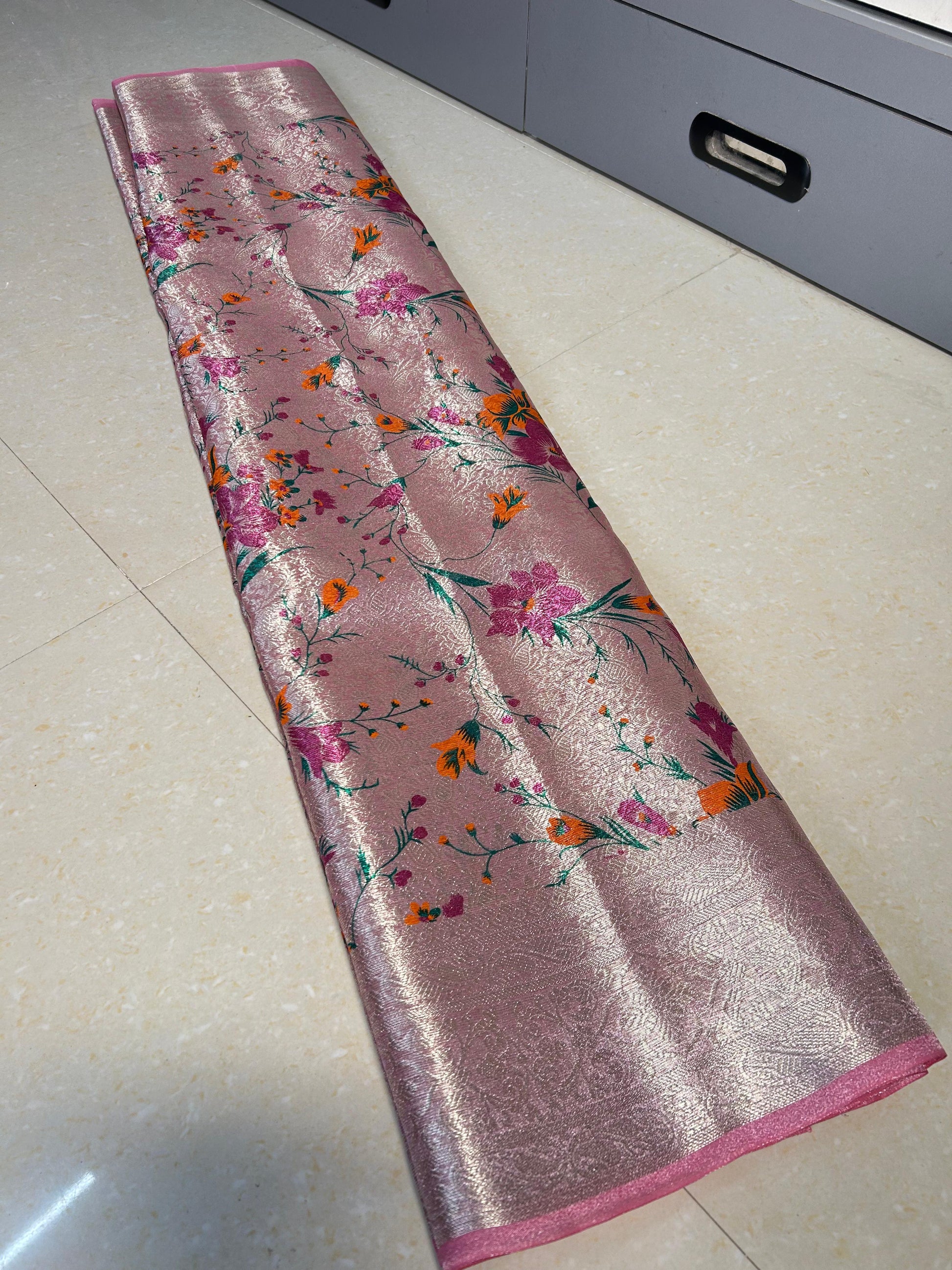 Pink Banarasi Tissue Silk Saree With Printed Alna Apparels