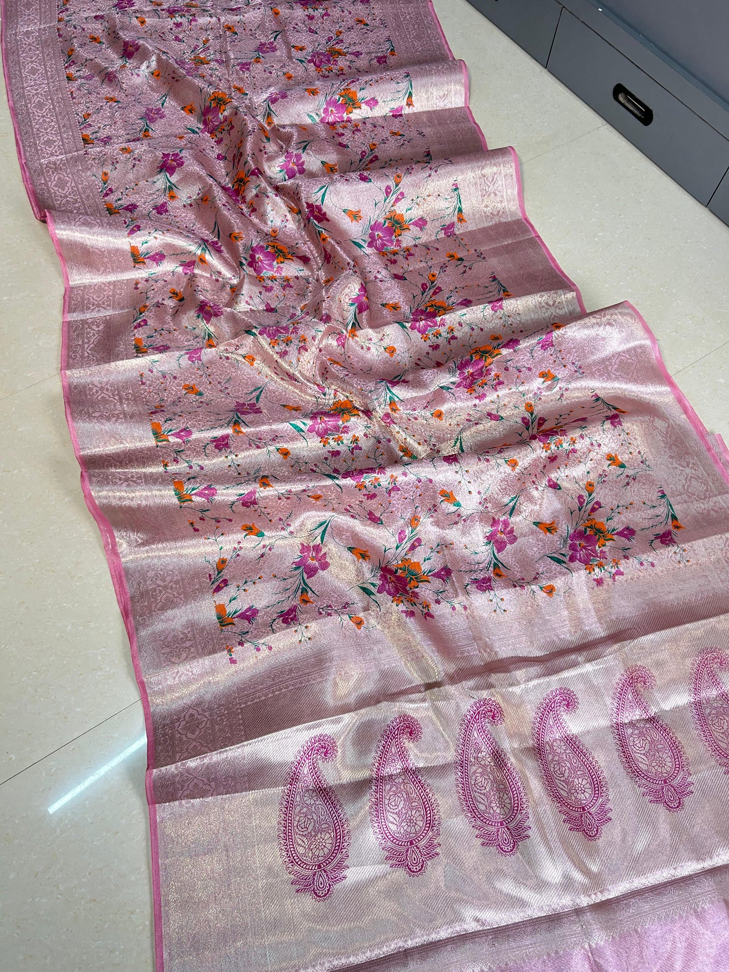 Pink Banarasi Tissue Silk Saree With Printed Alna Apparels