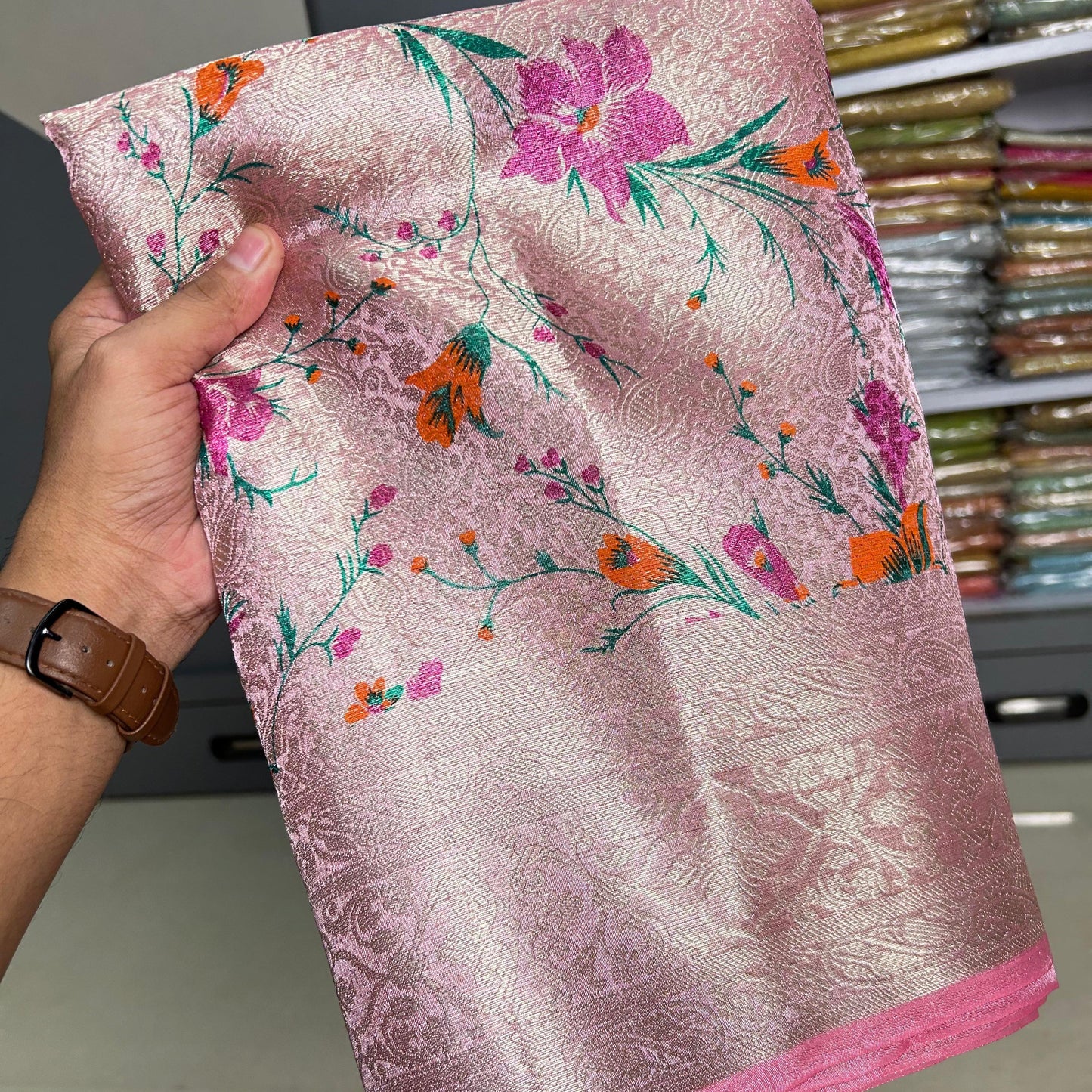 Pink Banarasi Tissue Silk Saree Alna Apparels