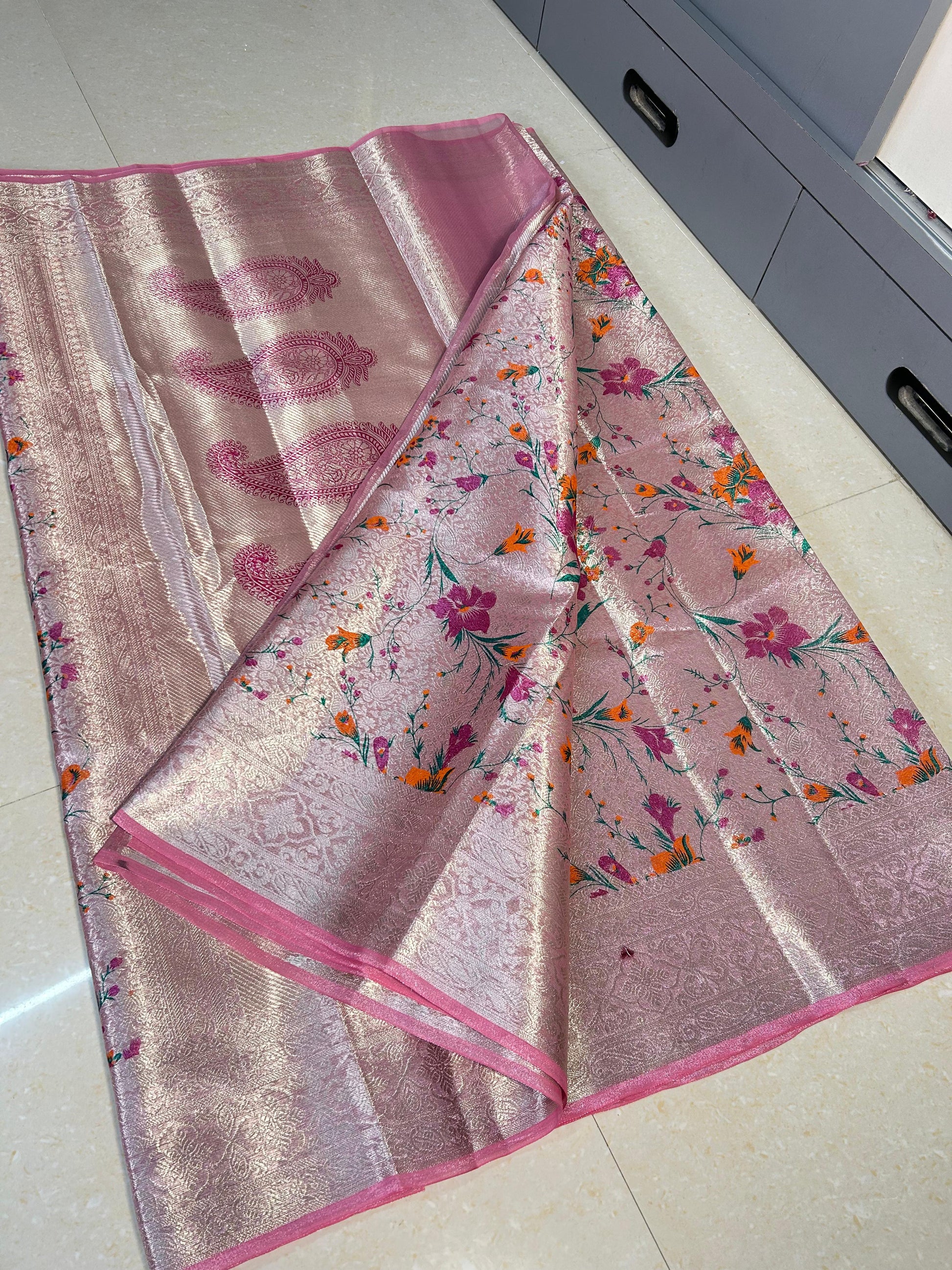 Pink Banarasi Tissue Silk Saree With Printed Alna Apparels