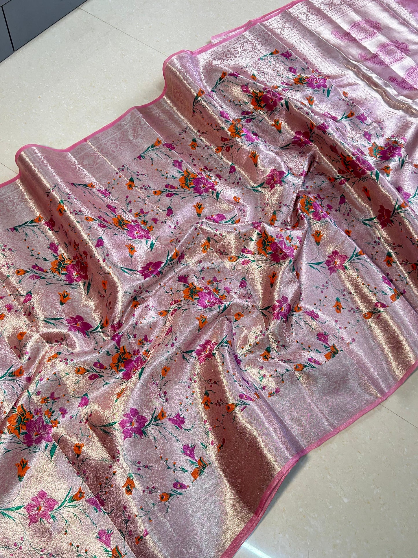 Pink Banarasi Tissue Silk Saree With Printed Alna Apparels