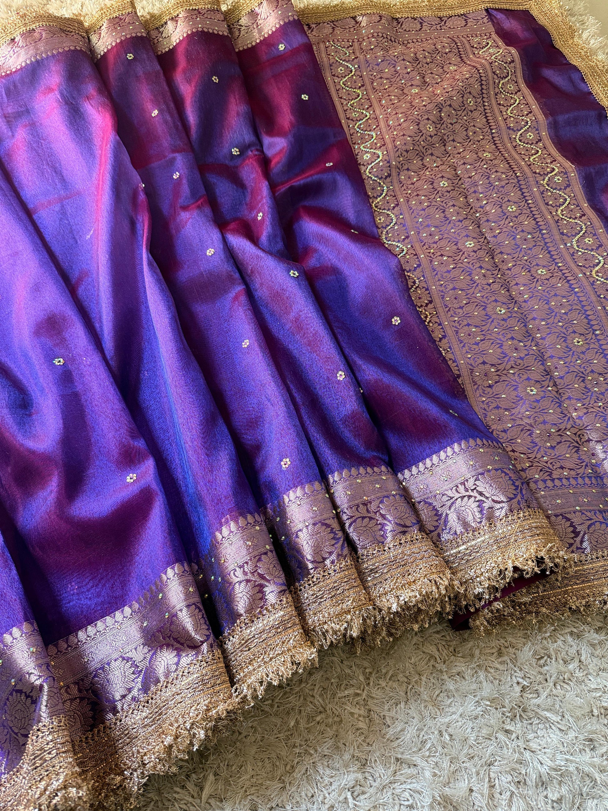 Purple Banarasi Tissue Silk Saree Classy Stone Work With Lace Alna Apparels