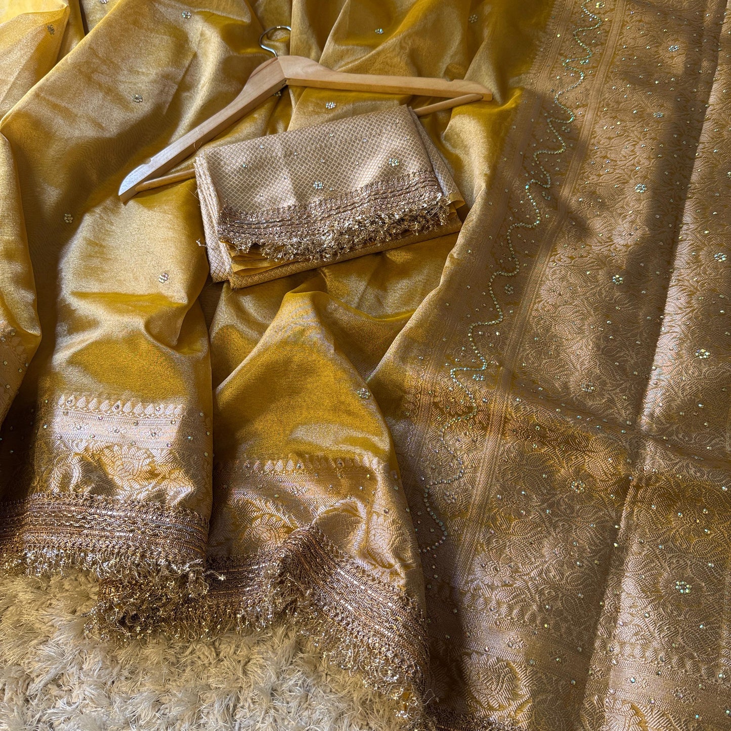 Gold Banarasi Tissue Silk Saree Classy Stone Work With Lace Alna Apparels