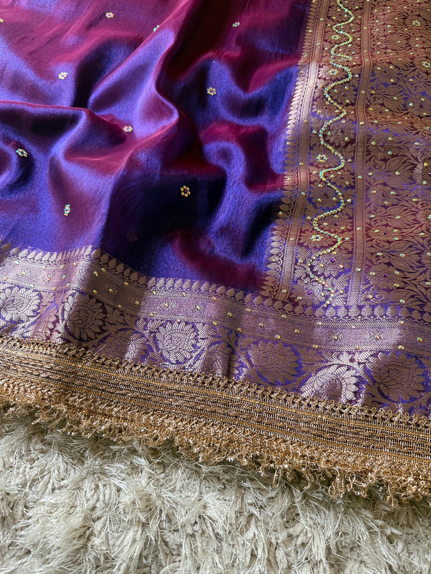 Purple Banarasi Tissue Silk Saree Classy Stone Work With Lace Alna Apparels