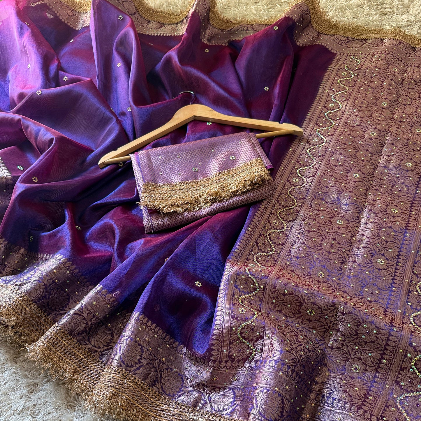 Purple Banarasi Tissue Silk Saree Classy Stone Work With Lace Alna Apparels