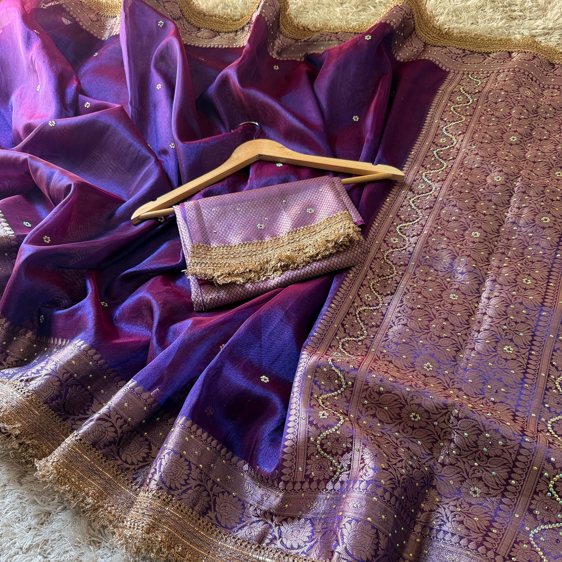 Purple Banarasi Tissue Silk Saree Classy Stone Work With Lace Alna Apparels