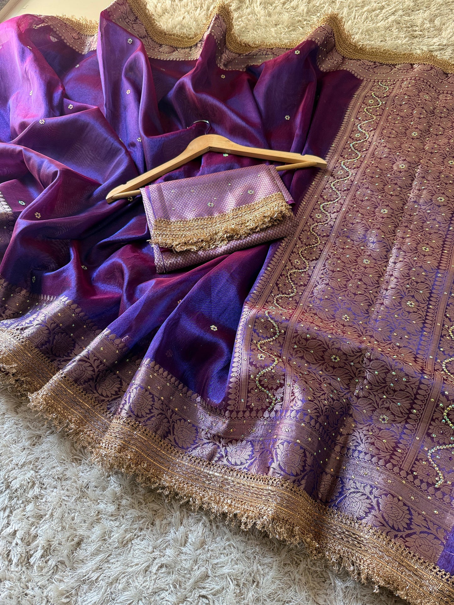 Purple Banarasi Tissue Silk Saree Classy Stone Work With Lace Alna Apparels