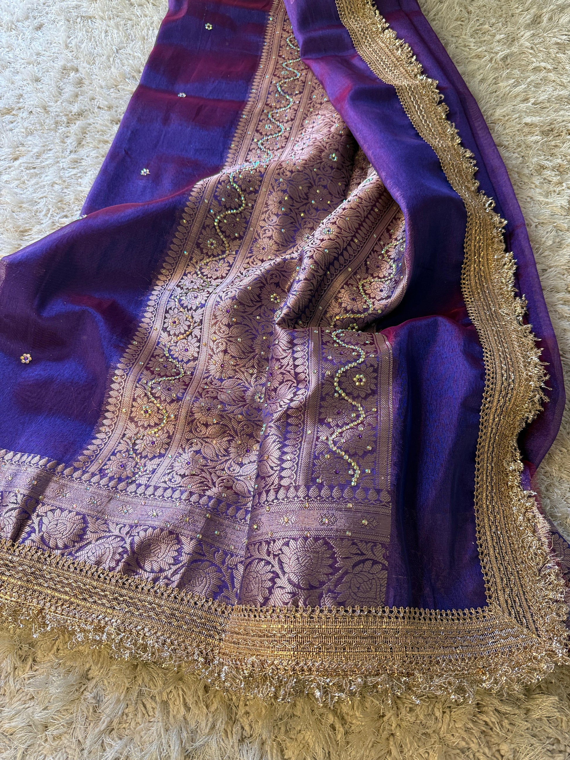 Purple Banarasi Tissue Silk Saree Classy Stone Work With Lace Alna Apparels