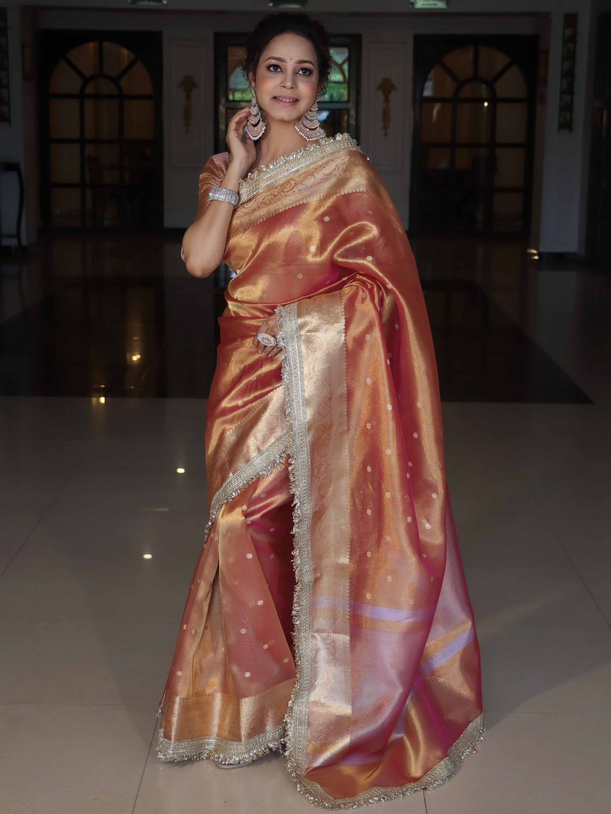 Orange Banarasi Handwoven Tissue Silk Saree With Zari Buti Design & Lace Work Alna Apparels