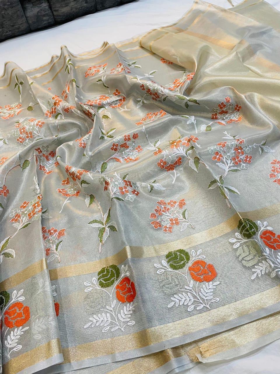 Pasta Green Banarasi Embroidery Tissue Silk Saree Alna Apparels