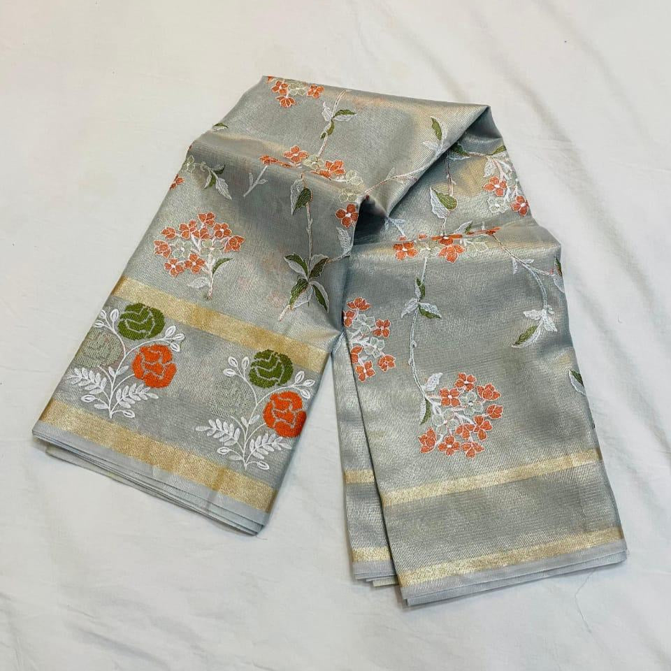 Pasta Green Banarasi Embroidery Tissue Silk Saree Alna Apparels