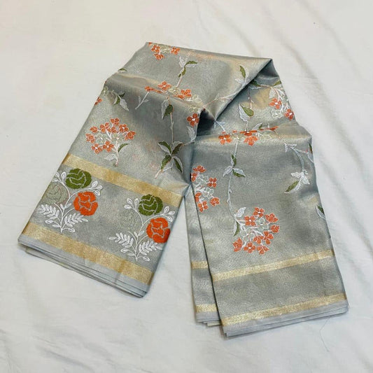 Pasta Green Banarasi Embroidery Tissue Silk Saree Alna Apparels