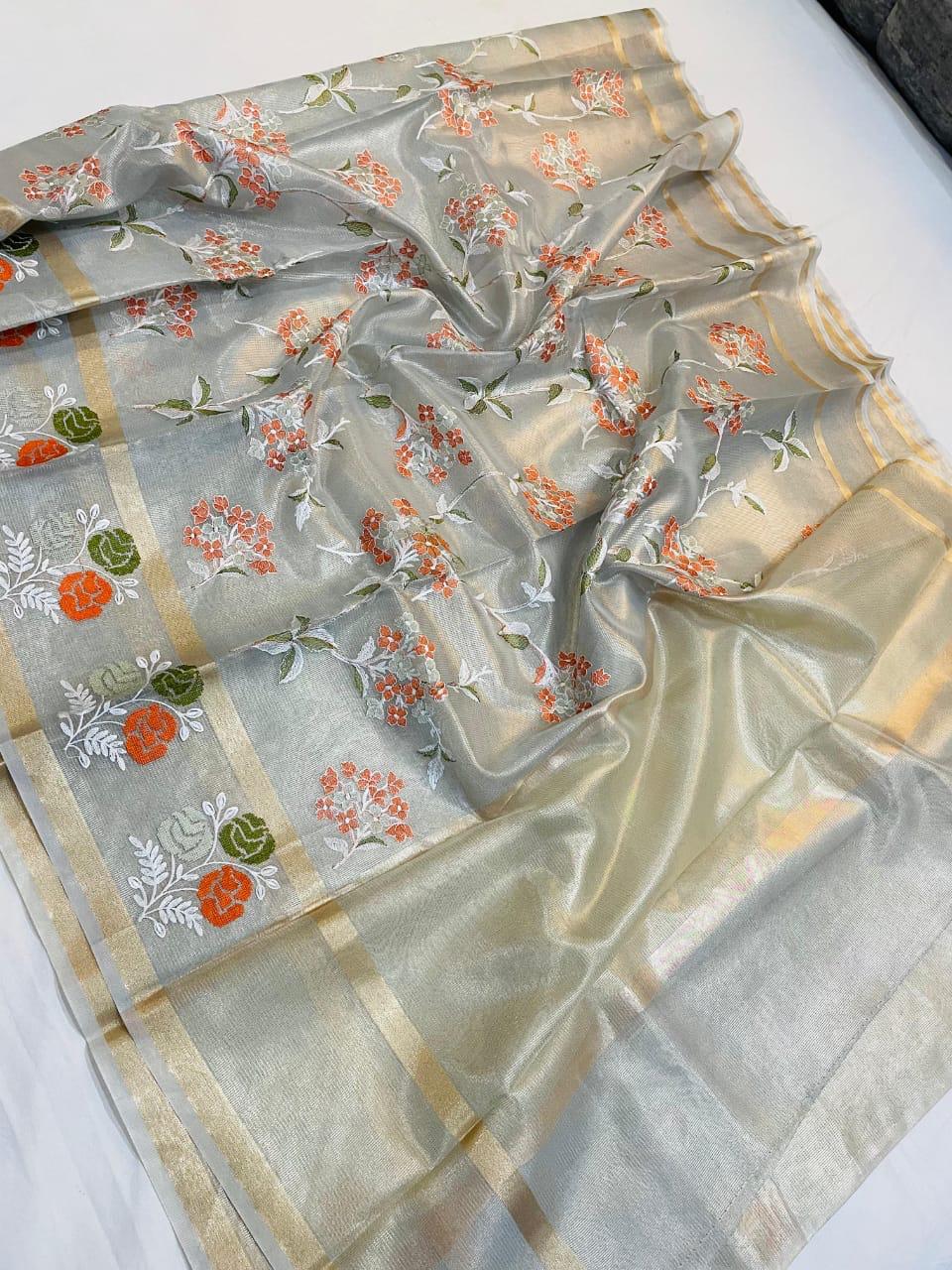 Pasta Green Banarasi Embroidery Tissue Silk Saree Alna Apparels