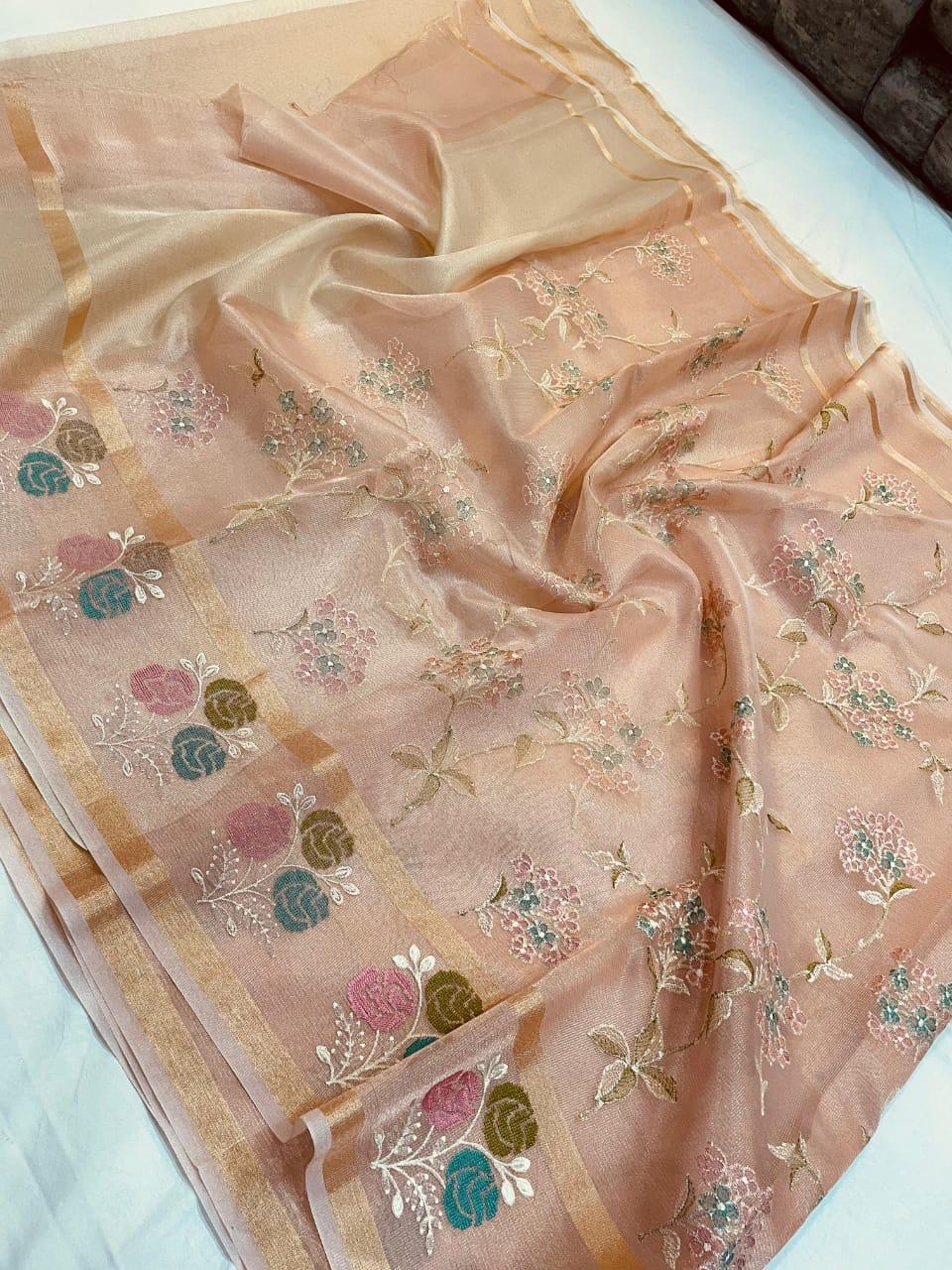 Cream Color Banarasi Embroidery Tissue Silk Saree Alna Apparels