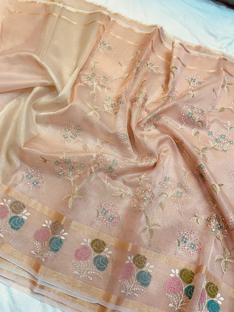 Cream Color Banarasi Embroidery Tissue Silk Saree Alna Apparels