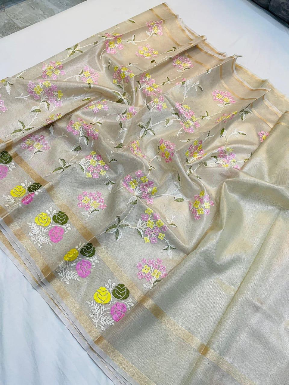 Beige Color Banarasi Embroidery Tissue Silk Saree Alna Apparels