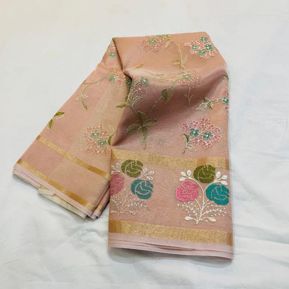 Cream Color Banarasi Embroidery Tissue Silk Saree Alna Apparels