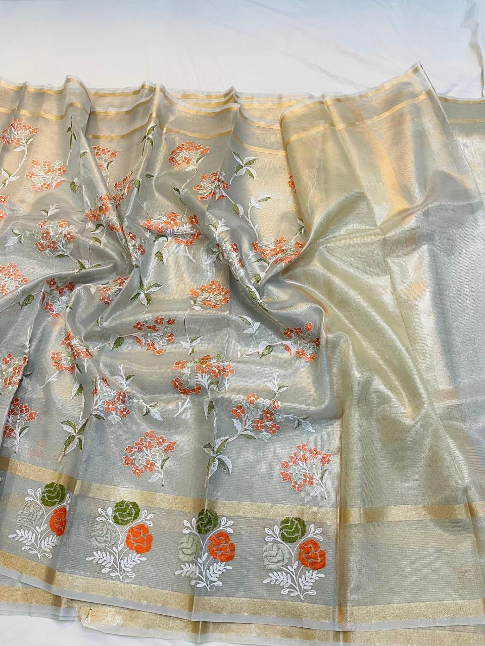 Pasta Green Banarasi Embroidery Tissue Silk Saree Alna Apparels