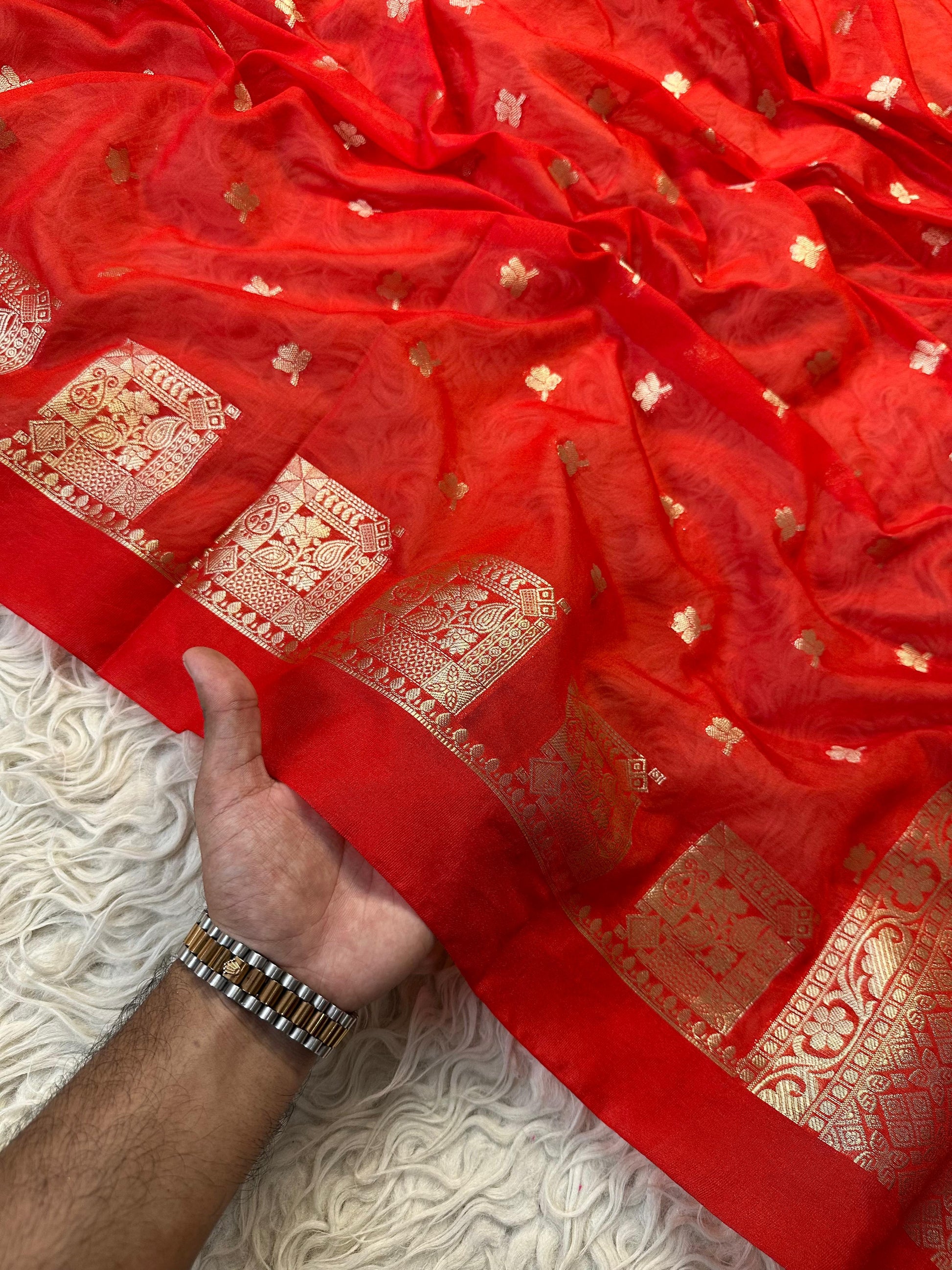 Red Banarasi Kathan Georgette Silk Saree Alna Apparels