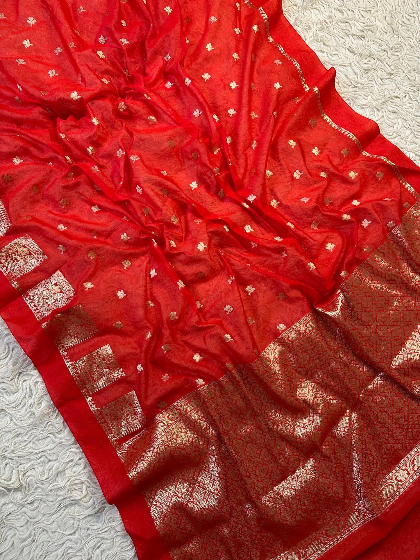 Red Banarasi Kathan Georgette Silk Saree Alna Apparels