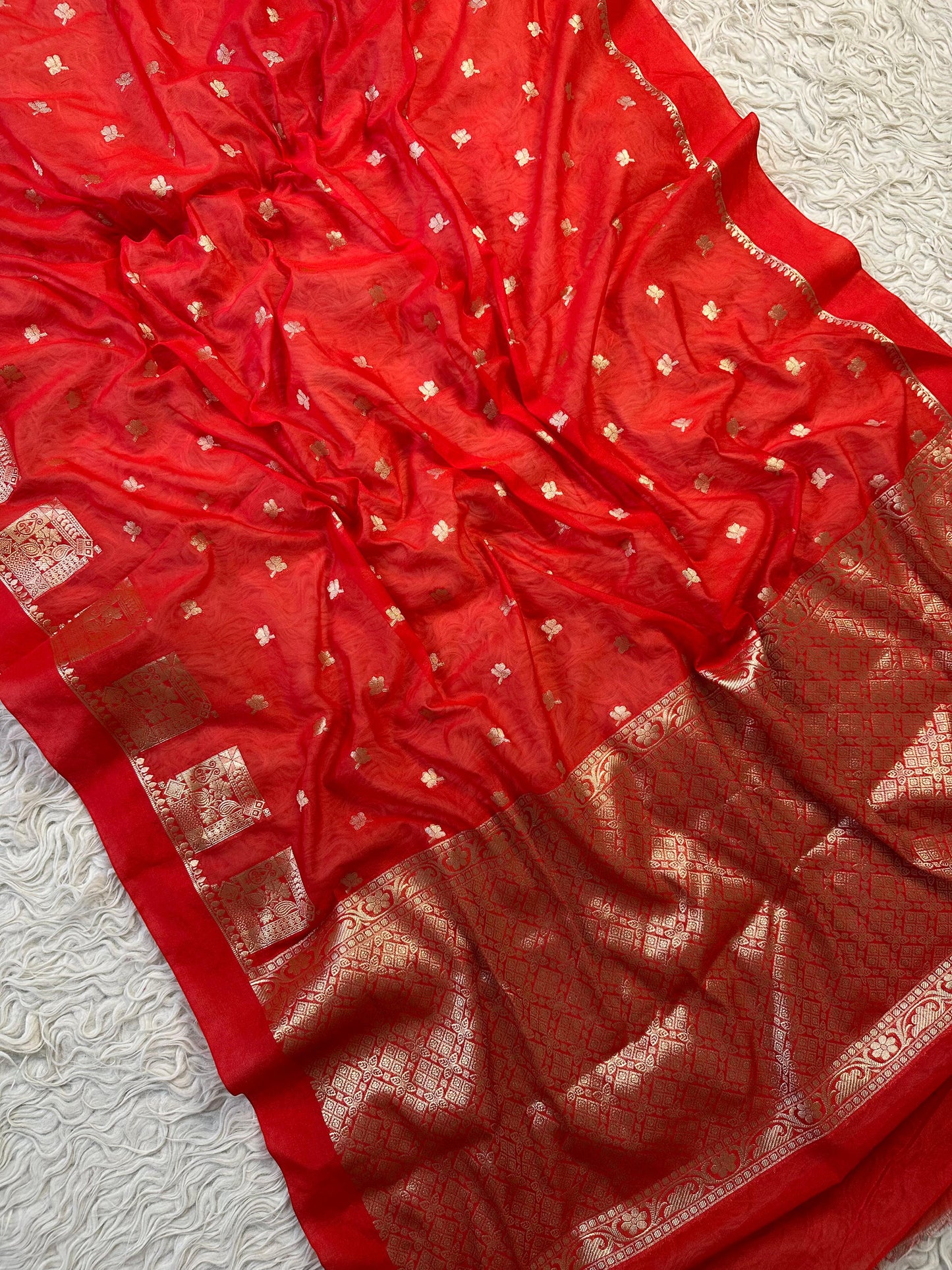 Red Banarasi Kathan Georgette Silk Saree Alna Apparels