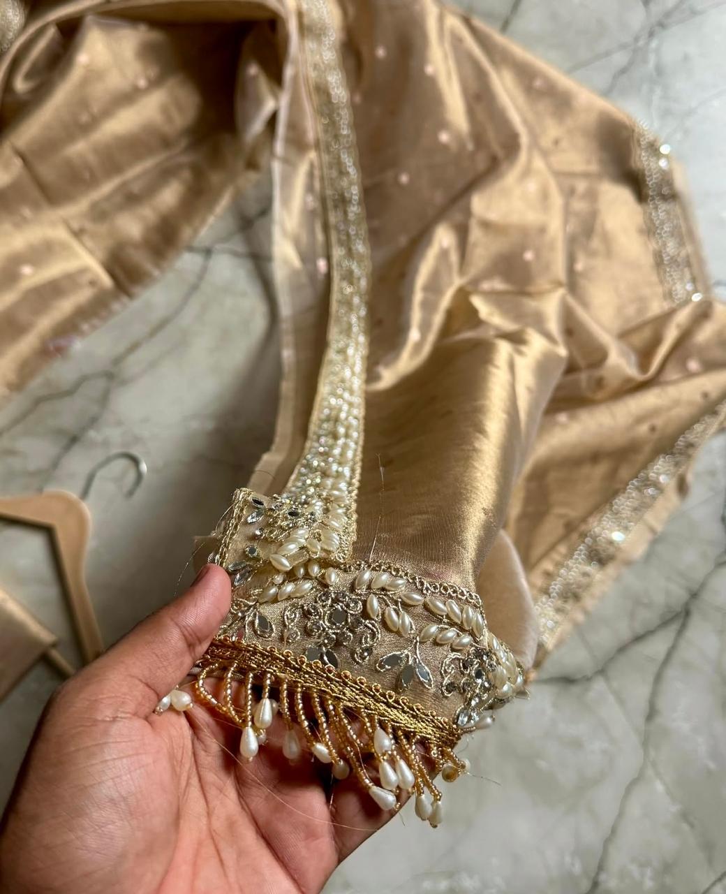 Beige Color Banarasi Tissue Silk Saree With Lace Work Alna Apparels