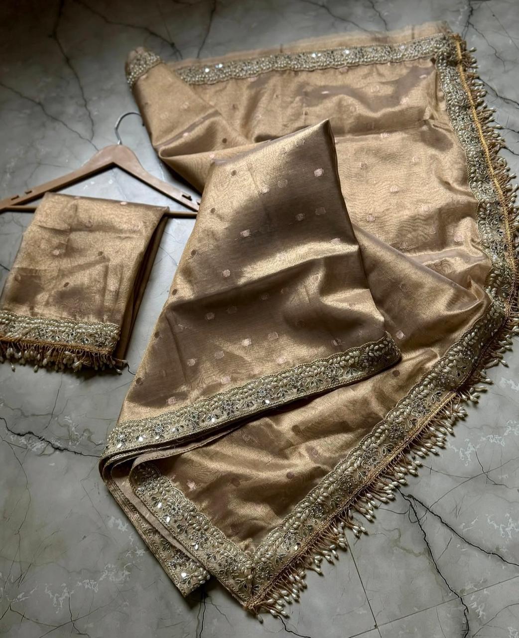 Beige Color Banarasi Tissue Silk Saree With Lace Work Alna Apparels