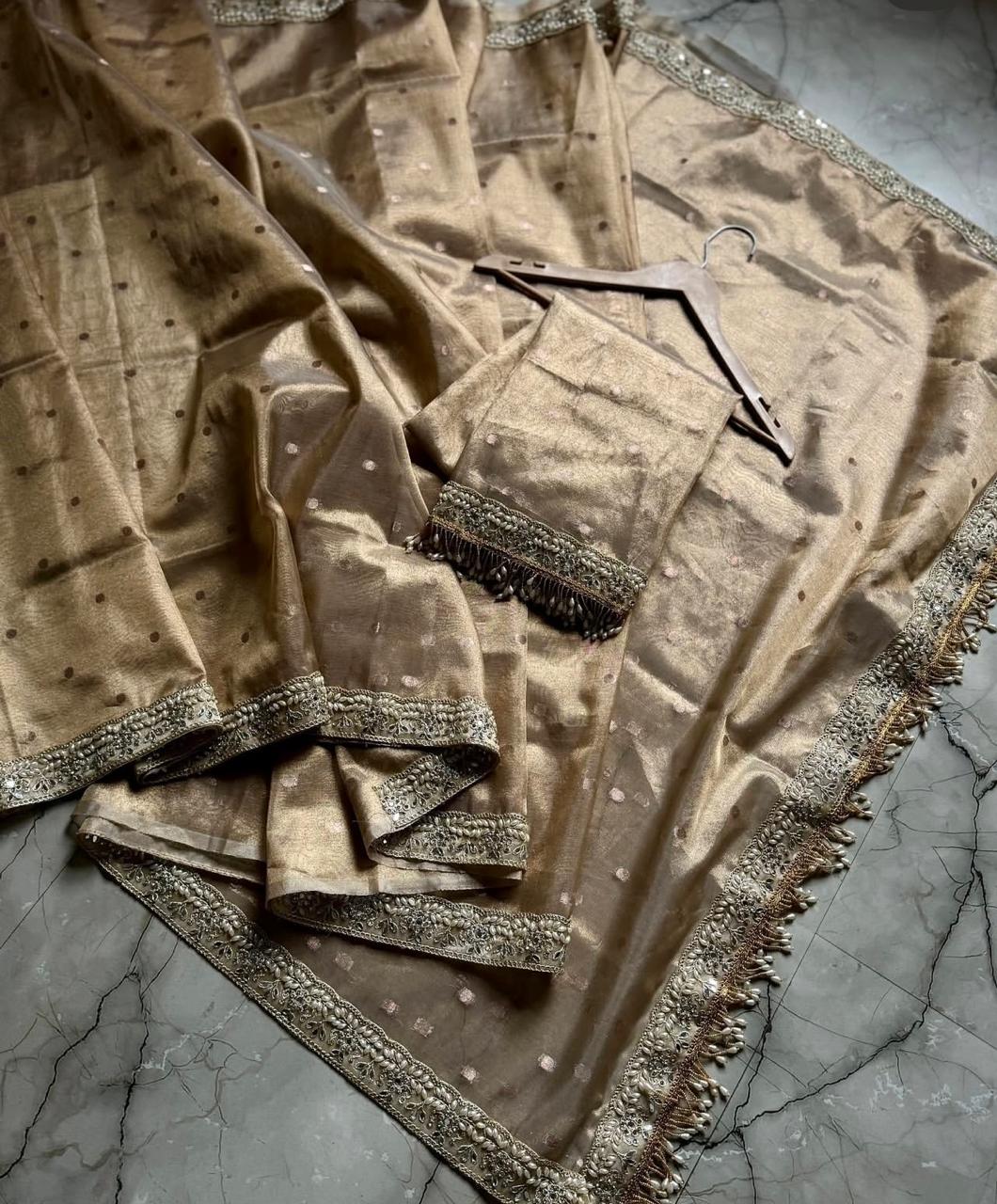 Beige Color Banarasi Tissue Silk Saree With Lace Work Alna Apparels