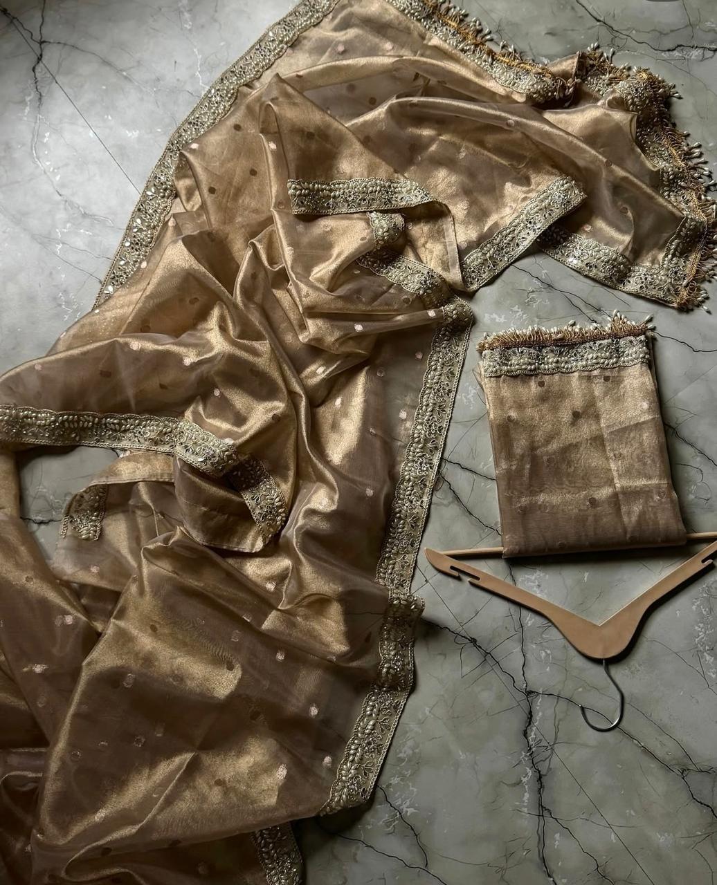 Beige Color Banarasi Tissue Silk Saree With Lace Work Alna Apparels